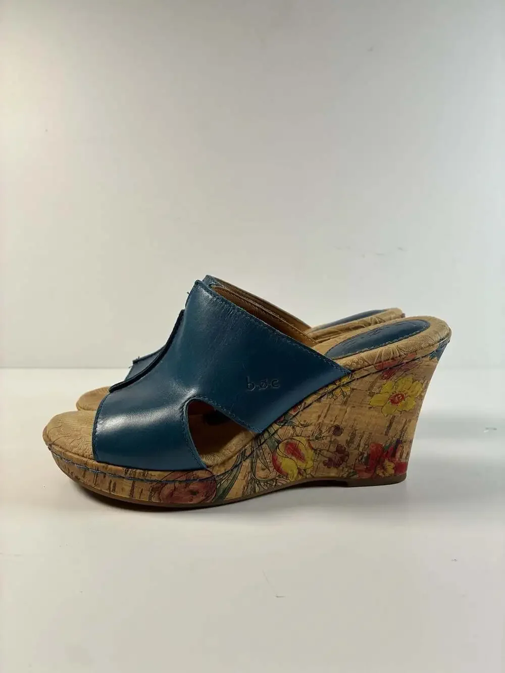 Boho b.o.c. Born Concept Blue Leather Floral Cork Wedge Sandals